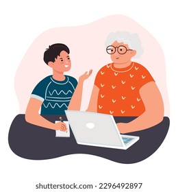 Grandmother and grandson use a laptop. A boy helps an elderly woman to study a computer. An old lady consults with a young relative.Vector cartoon flat style illustration on white background.