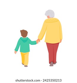 Grandmother and grandson walk holding hands. Back view. Vector isolated color illustration in flat style.	