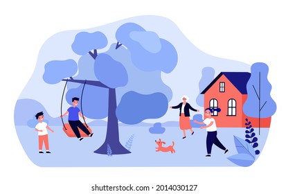 Grandmother greeting children playing outside. Grandson swinging on swing on tree branch flat vector illustration. Family, outdoor activity concept for banner, website design or landing web page