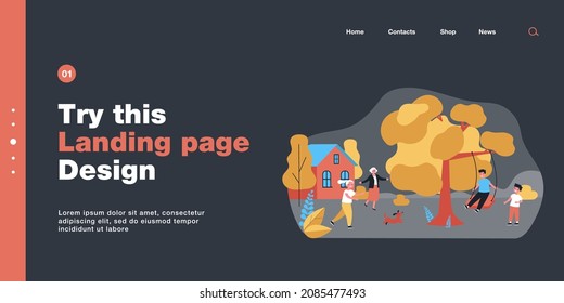 Grandmother greeting children playing outside. Grandson swinging on swing on tree branch flat vector illustration. Family, outdoor activity concept for banner, website design or landing web page
