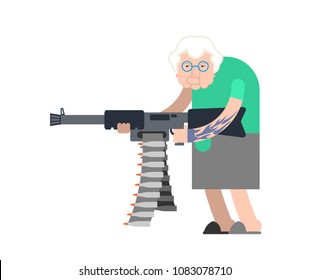 Grandmother and gun. Evil Grandma Gangster with weapon. Angry crime Old lady with machine gun. Vector illustration