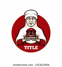 Grandmother hand a burger. Vector logo design. Business concept icon.