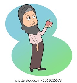 A grandmother has difficulty eating an apple because she has no teeth.