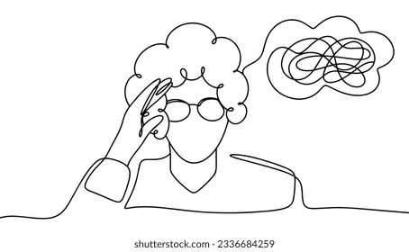 Grandmother has mental confusion due to Alzheimer's disease. World Alzheimer's Month. One line drawing for different uses. Vector illustration.