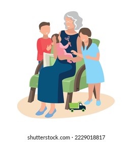 Grandmother have fun together with her grandchildren. Happy time with family. Vector illustration isolated on white background.