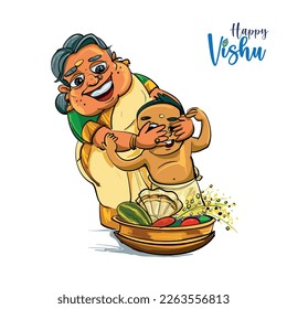 Grandmother helps a child to have the first sight of Lord Krishna as ritual practiced during 'Vishu' festival in Kerala.