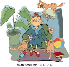 The grandmother and her cats. Cartoon