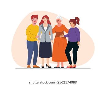 a grandmother and her daughter, and her grandson and granddaughter are standing side by side, they look happy.
design, vector, illustration