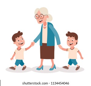 Grandmother with her grandchildren walking, she takes them by the hand. Two boys, twins. Cartoon style, isolated on white background. Vector illustration.