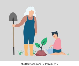 Grandmother with her granddaughter digs the ground to plant young tree. Elderly woman teaches a girl watering a plan and gardening together. Concept of family time, earth day and forest conservation