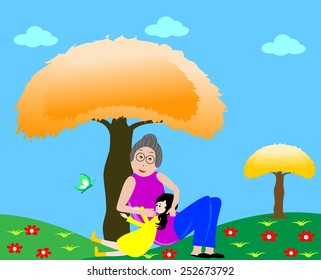 Grandmother with her granddaughter resting under a tree