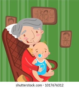 Grandmother with her grandson, photo on the background of retro room interior, best moments on pictures, portrait of family members vector Illustration