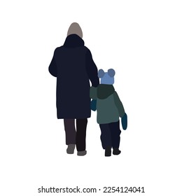 Grandmother with her grandson in winter clothes is walking down the street. 2d image for use as an entourage. Vector flat city infographics.