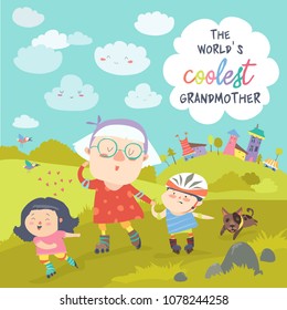 Grandmother with her happy grandchildren skate on rollers