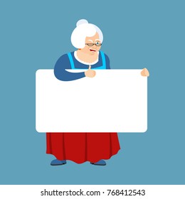 Grandmother holding banner blank. grandma and white blank. Old lady thumb up and winks joyful emotion. place for text. Vector illustration