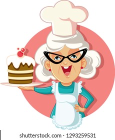 Grandmother Holding Cake Vector Cartoon. Funny granny with homemade sweet treat, chef hat and apron 
