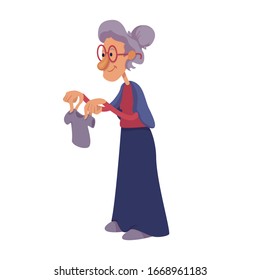 Grandmother holding child clothing flat cartoon vector illustration. Cheerful grandma. Senior woman. Ready to use 2d character template for commercial, animation, printing design. Isolated comic hero
