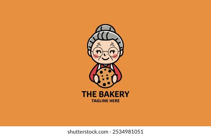 Grandmother holding a cookie, bakery logo design.