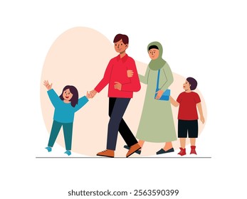 The grandmother is holding her son, the father is holding his daughter's hand, and the son is walking beside the grandmother.
design, vector, illustration