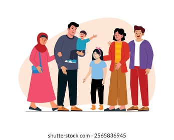 The grandmother was holding her son who was carrying her grandson, there was also a couple with their daughter, they were chatting with each other.
design, vector, illustration