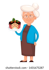 Grandmother holding sweet pie. Cute cartoon character. Happy Grandparent's day. Vector illustration on white background