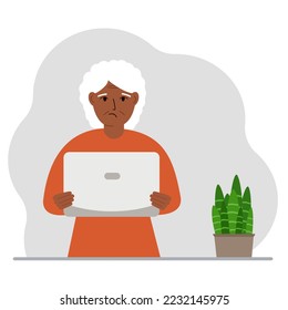A grandmother is holding or using a laptop computer PC. Laptop computer technology concept. Vector flat illustration.