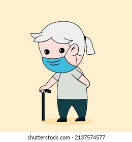 Grandmother holding a walking stick cartoon character,vector,illustration.