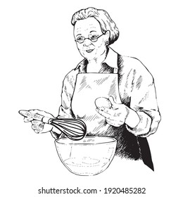 Abuela sosteniendo un bigote y un huevo en sus manos, preparándose para hacer masa, mayonesa, crema.Ilustración vectorial, boceto blanco y negro, arte de la línea