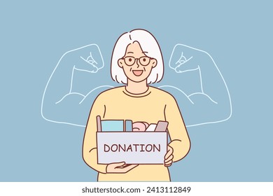 Grandmother holds donation box, wanting to help needy people in trouble, stands near phantom biceps. Concept gaining self-confidence through volunteering and collecting donation box for those in need svg