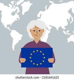A grandmother holds the flag of the European Union in his hands against the background of a world map. Vector flat illustration.