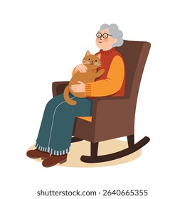 Grandmother holds a ginger cat in her arms 