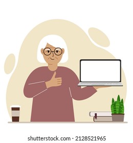A grandmother holds a laptop computer on his hand and shows a thumbs up sign. Laptop computer technology concept. Vector flat illustration.