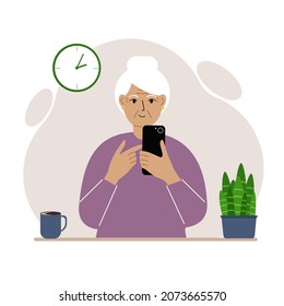 Grandmother holds a mobile phone in her hand. Elderly woman learning to use the telephone. Vector flat illustration