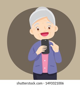 Grandmother holds a phone in his hand. Vector illustration in cartoon style,Happy senior man messaging on mobile smartphone.