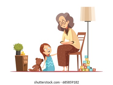 Grandmother Home Talking To Little Granddaughter With Teddybear Senior Woman Character Retro Cartoon Poster Vector Illustration