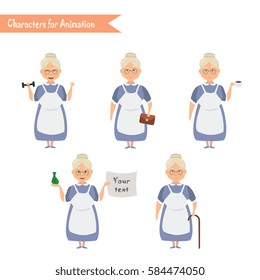 Grandmother housewife character for scenes. Funny Grandmother housewife cartoon.