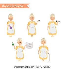 Grandmother housewife character for scenes. Funny Grandmother housewife cartoon. 