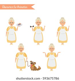 Grandmother housewife character for scenes. Funny Grandmother housewife cartoon. 