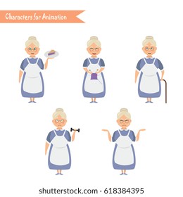 Grandmother housewife character for scenes. Funny Grandmother housewife cartoon.