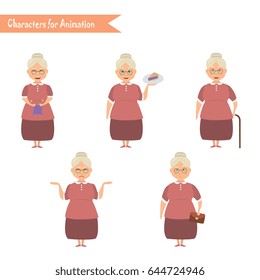 Grandmother housewife character for scenes. Funny Grandmother housewife cartoon.