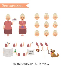 Grandmother housewife character for scenes. Parts of body template for animation. Funny Grandmother housewife cartoon. Emoji face icons
