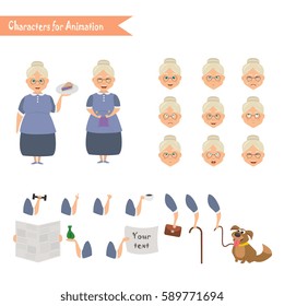 Grandmother housewife character for scenes. Parts of body template for animation. Funny Grandmother housewife cartoon. Emoji face icons 