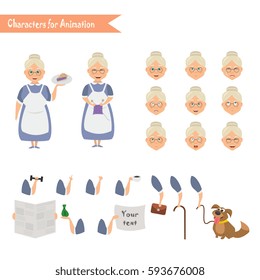 Grandmother housewife character for scenes. Parts of body template for animation. Funny Grandmother housewife cartoon. Emoji face icons 