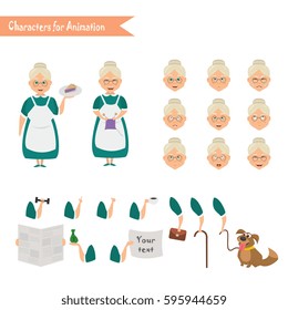Grandmother housewife character for scenes. Parts of body template for animation. Funny Grandmother housewife cartoon. Emoji face icons