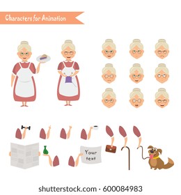 Grandmother housewife character for scenes. Parts of body template for animation. Funny Grandmother housewife cartoon. Emoji face icons