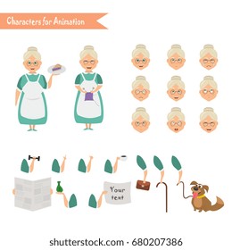 Grandmother housewife character for scenes. Parts of body template for animation. Funny Grandmother housewife cartoon. Emoji face icons