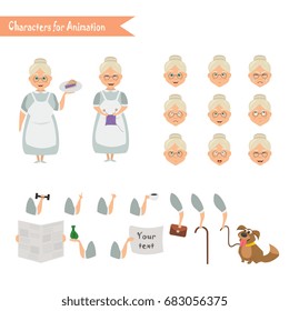 Grandmother housewife character for scenes. Parts of body template for animation. Funny Grandmother housewife cartoon. Emoji face icons
