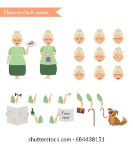 Grandmother housewife character for scenes. Parts of body template for animation. Funny Grandmother housewife cartoon. Emoji face icons