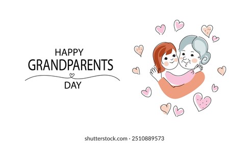 grandmother hugging her little granddaughter. doodle hand-drawn vector linear illustration. Happy grandparents Day greeting card. forget-me-not flower is a symbol of the holiday.