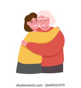 Grandmother hugs her daughter. Women of different generations hug each other. Vector flat graphics.